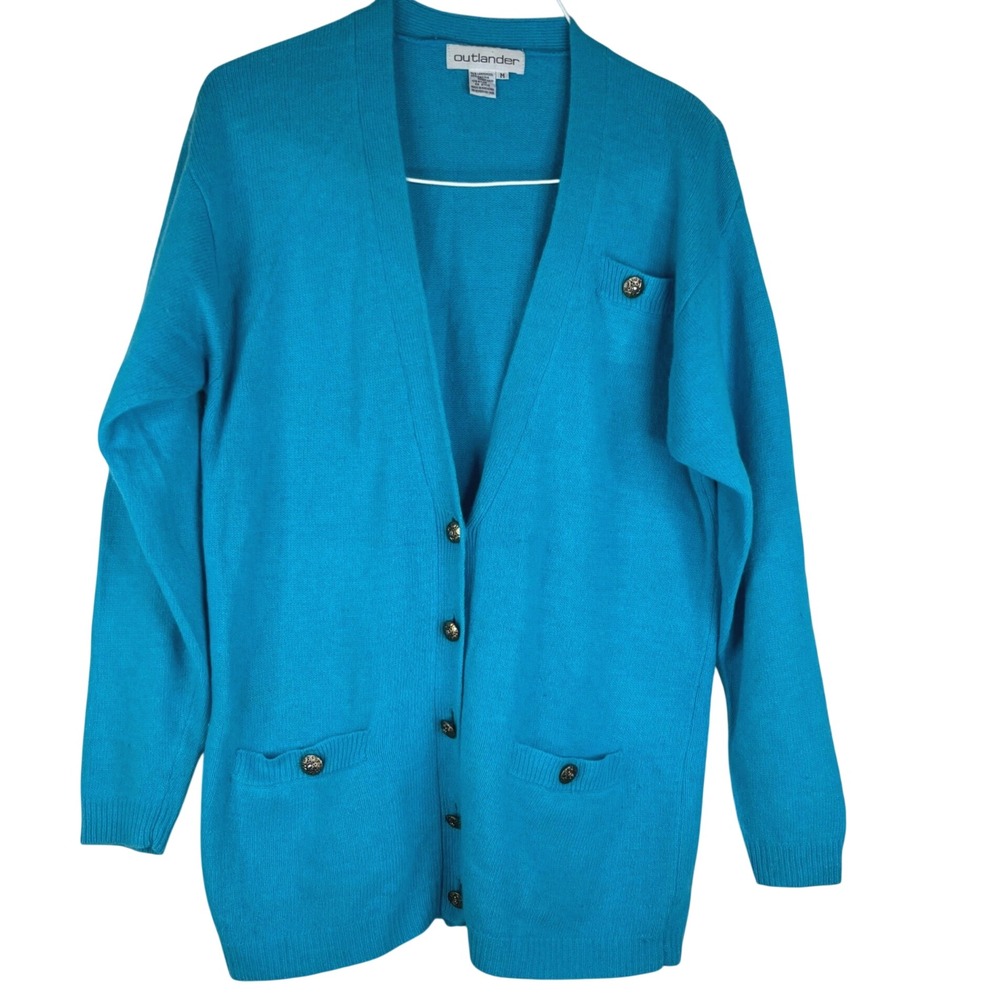 Outlander Cardigan Sweater Womens Medium Blue Lambswool Angora Knit VNeck Pocket
